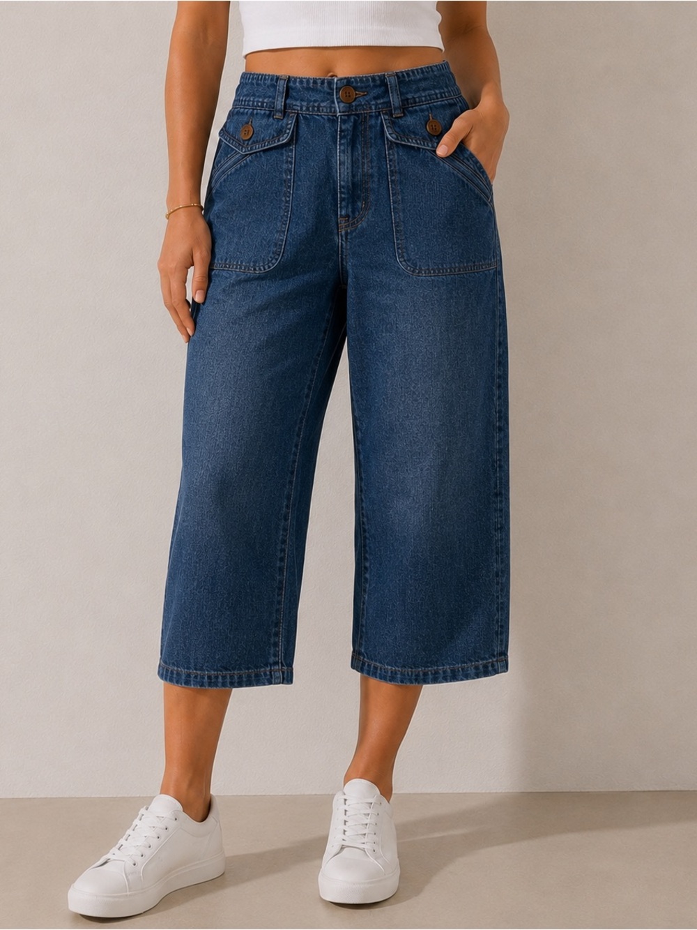 NEW Sigrid Olsen Women’s Blue Denim Crop Jeans Petite 10 Wide Leg Button Detail